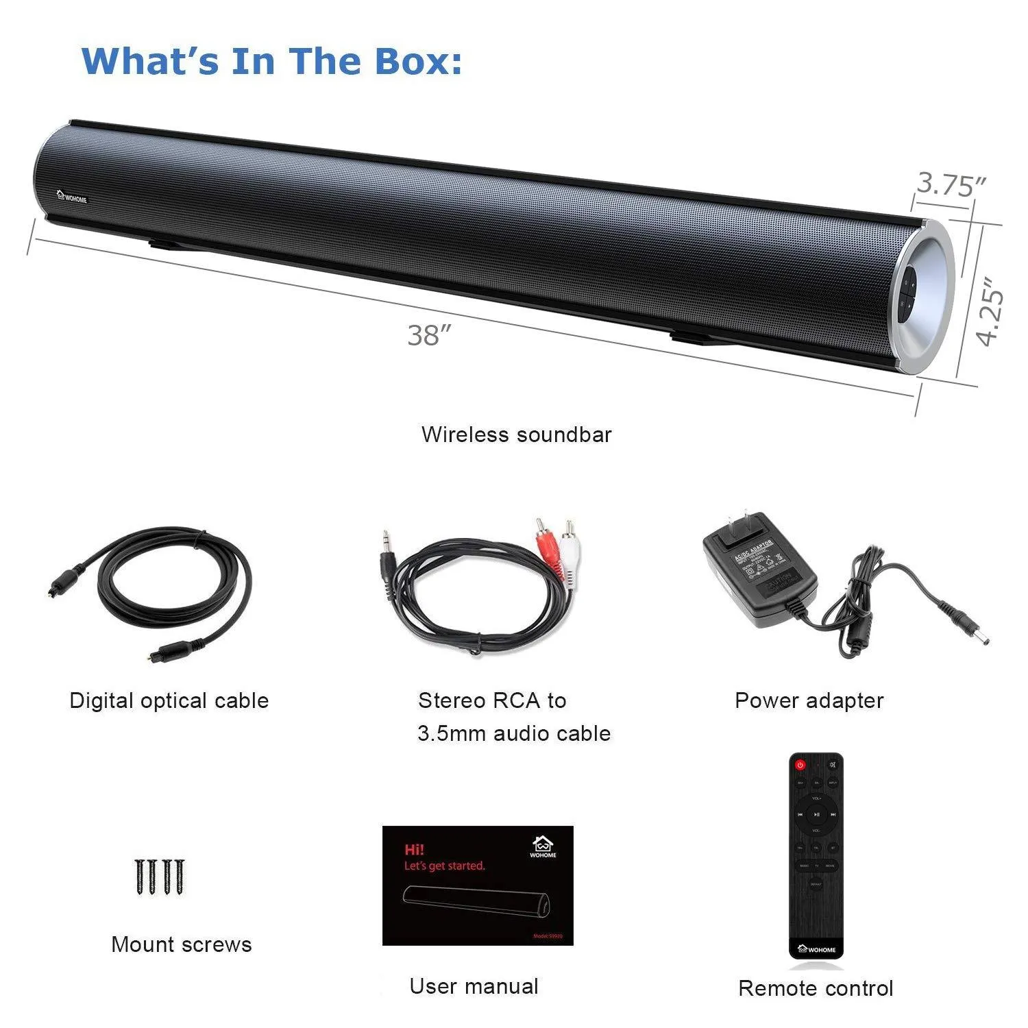 2.1 Channel Bluetooth Sound Bar with Built-in Dual Subwoofer Wohome TV Soundbar 38-Inch 80W 6 Drivers 105dB Remote Control Model S28