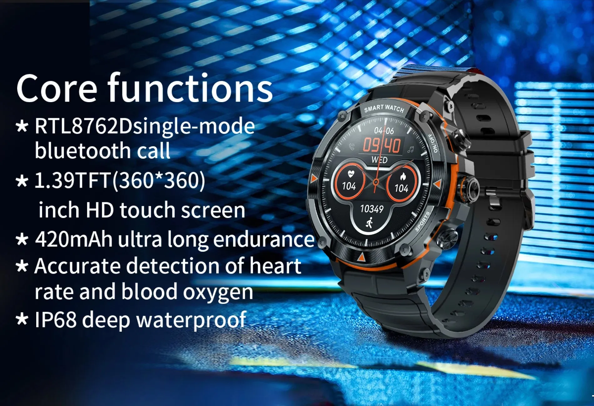 AMOLED Display 420mAH Bluetooth Call Waterproof Sports Smartwatch