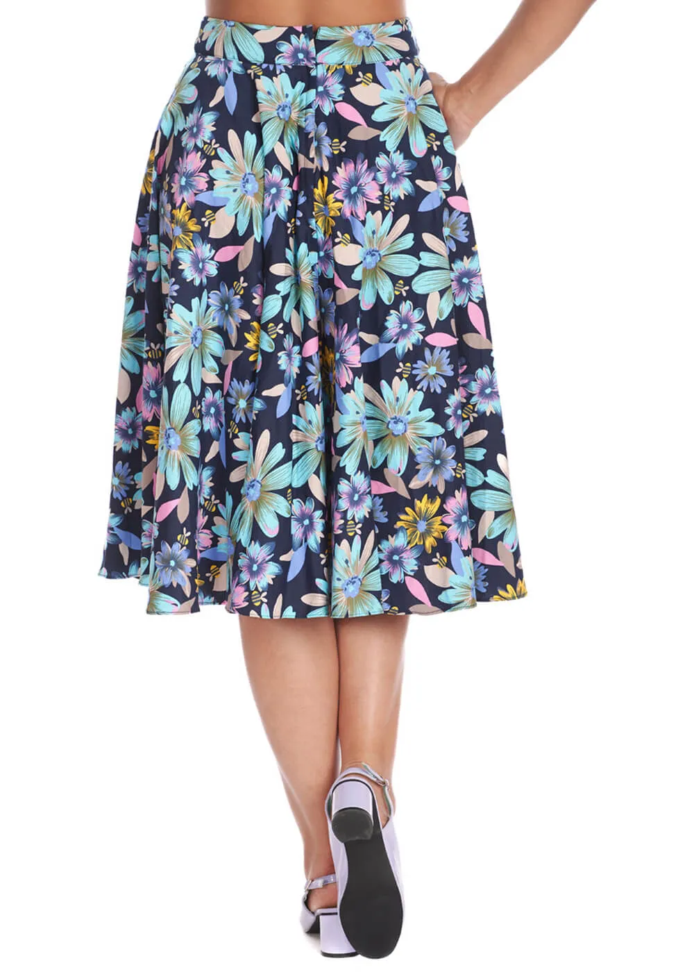 Banned Summer Bee Floral 50's Swing Skirt Navy