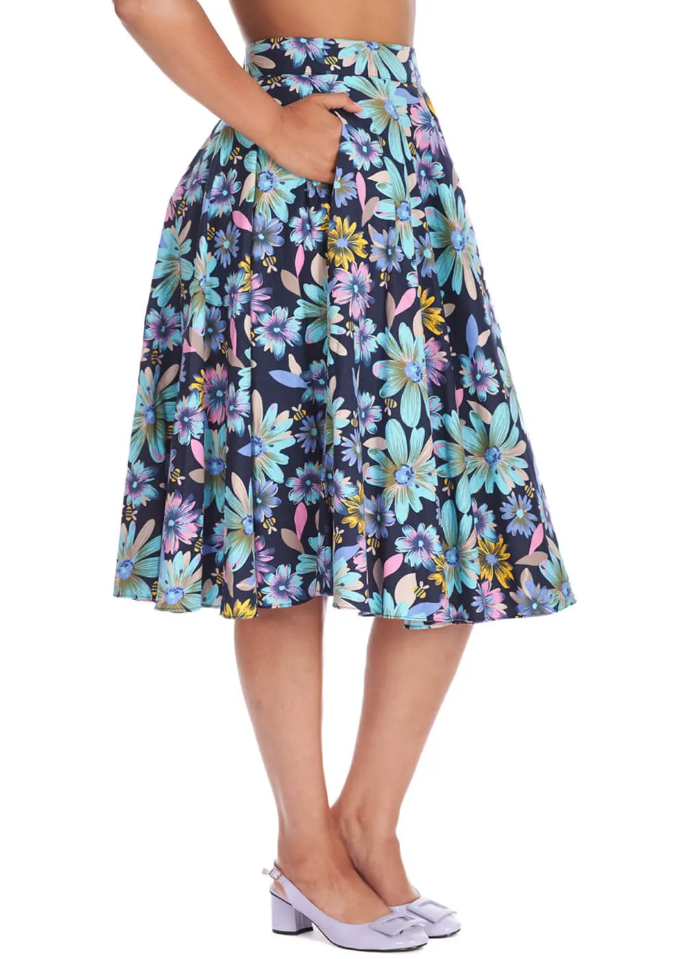 Banned Summer Bee Floral 50's Swing Skirt Navy