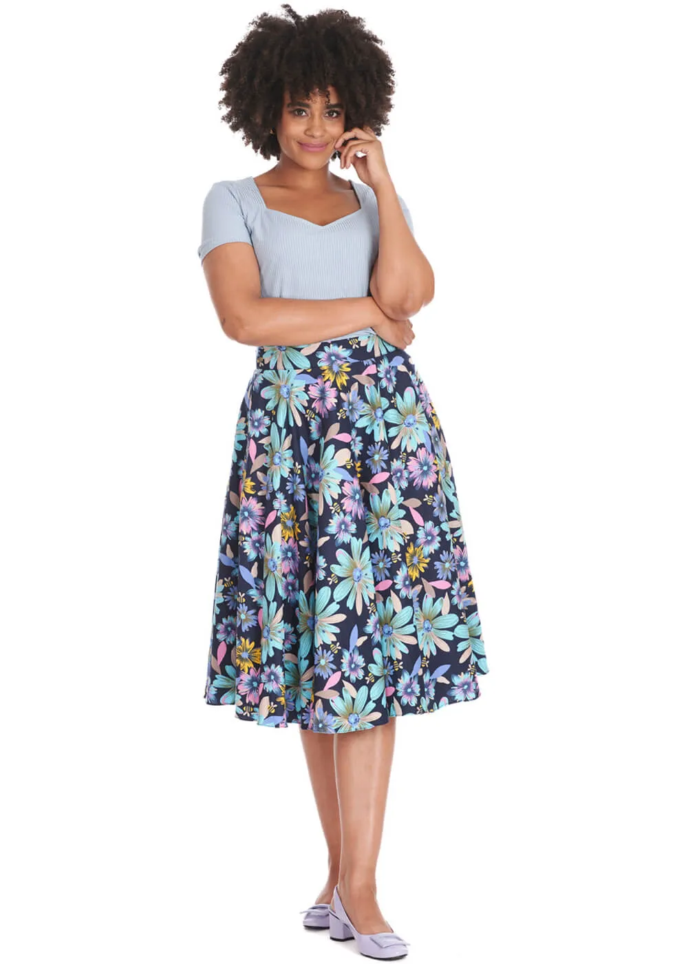 Banned Summer Bee Floral 50's Swing Skirt Navy