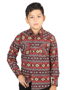 Camisa Vaquera Manga Larga de Broches Estampada Burgandy para Niños 'El Señor de los Cielos' - ID: 44413