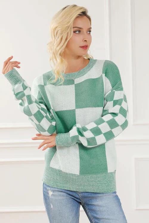 Explore More Collection - Checkered Drop Shoulder Long Sleeve Sweater