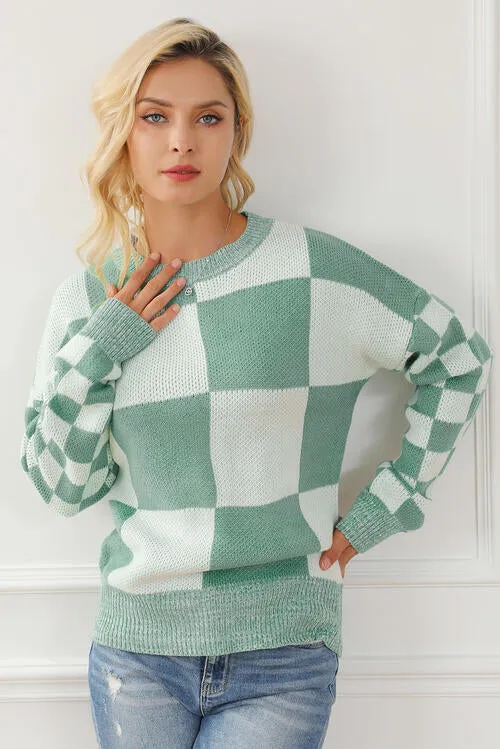 Explore More Collection - Checkered Drop Shoulder Long Sleeve Sweater