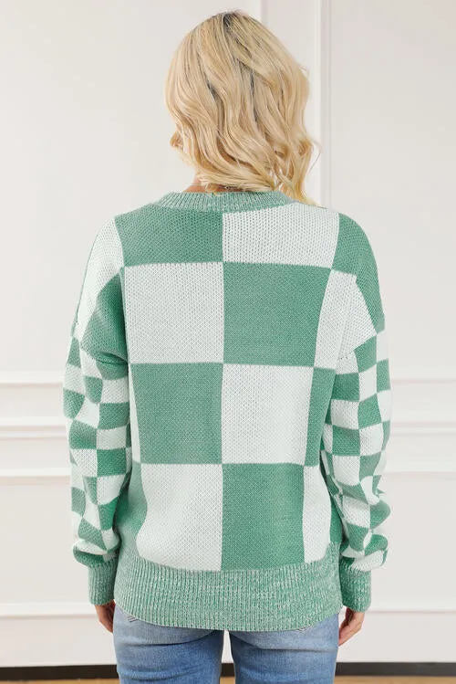 Explore More Collection - Checkered Drop Shoulder Long Sleeve Sweater