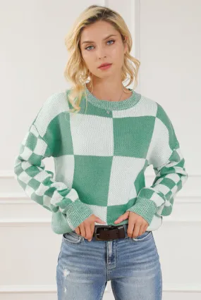 Explore More Collection - Checkered Drop Shoulder Long Sleeve Sweater