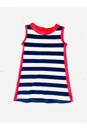 Girls White and Navy with Red Trim Striped Shift Dress