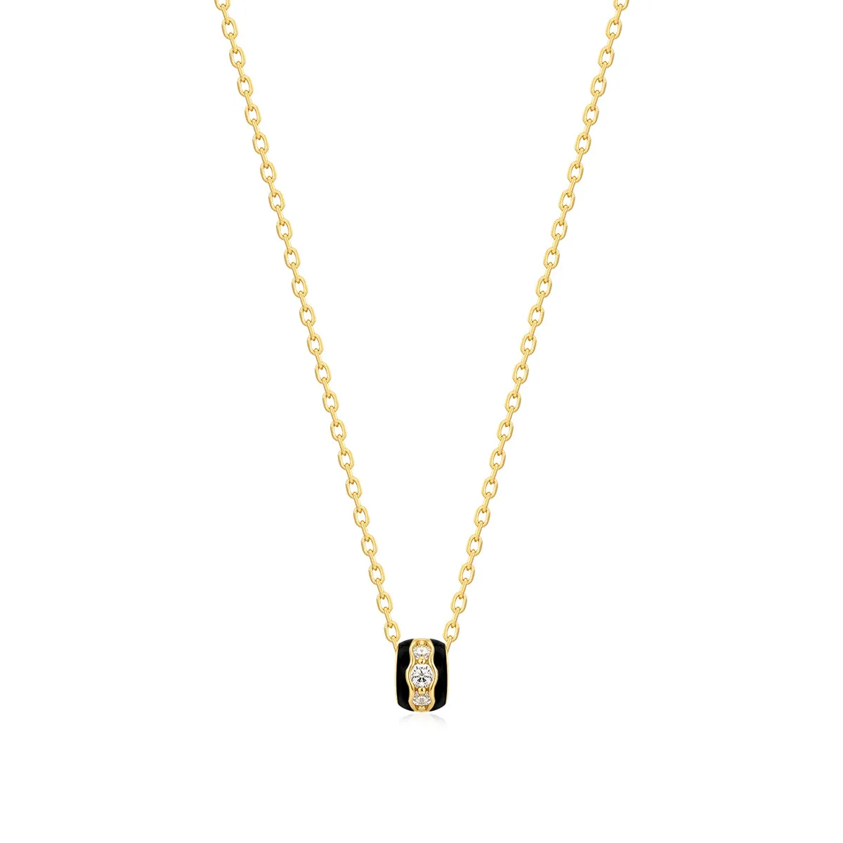 Gold Plated Black Enamel & CZ Channel Rondelle Necklace