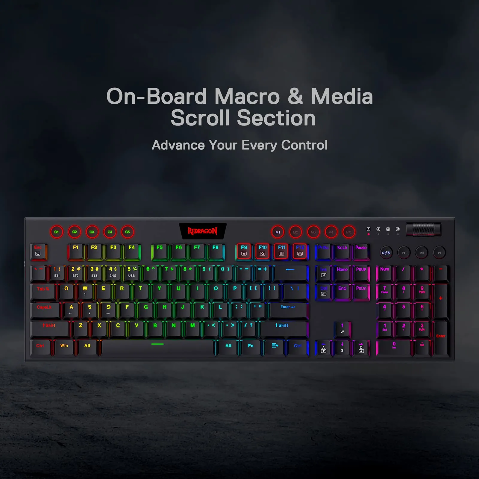 Redragon K618 Horus Wireless RGB Mechanical Keyboard, BT/2.4Ghz/Wired Tri-Mode Low Profile Gaming Keyboard w/Ultra-Thin Design, Dedicated Media Control & Linear Red Switch