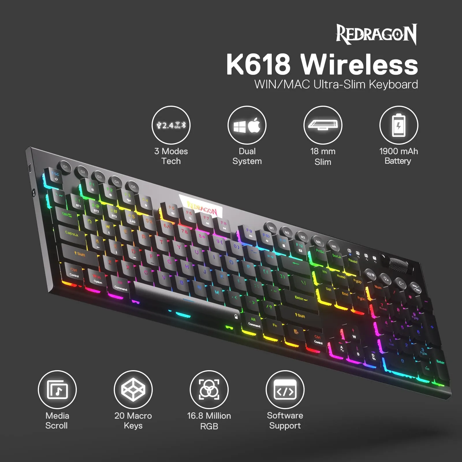 Redragon K618 Horus Wireless RGB Mechanical Keyboard, BT/2.4Ghz/Wired Tri-Mode Low Profile Gaming Keyboard w/Ultra-Thin Design, Dedicated Media Control & Linear Red Switch