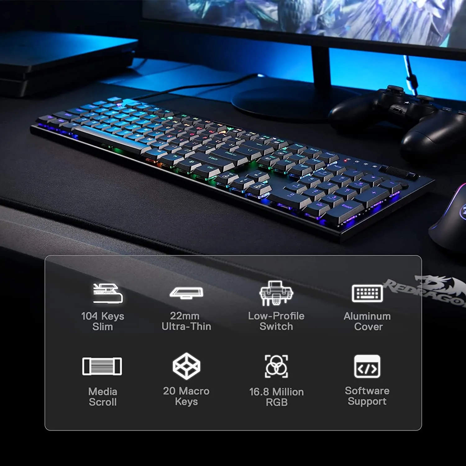 Redragon K618 Horus Wireless RGB Mechanical Keyboard, BT/2.4Ghz/Wired Tri-Mode Low Profile Gaming Keyboard w/Ultra-Thin Design, Dedicated Media Control & Linear Red Switch